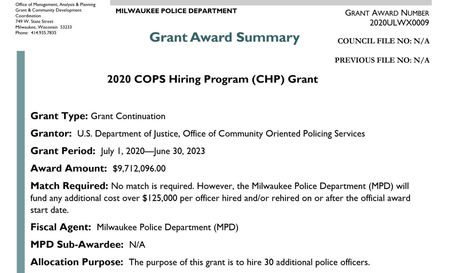 Milwaukee police grant