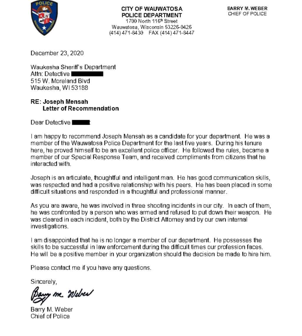 Wauwatosa Police Chiefs Recommendation Letter For Joseph Mensah